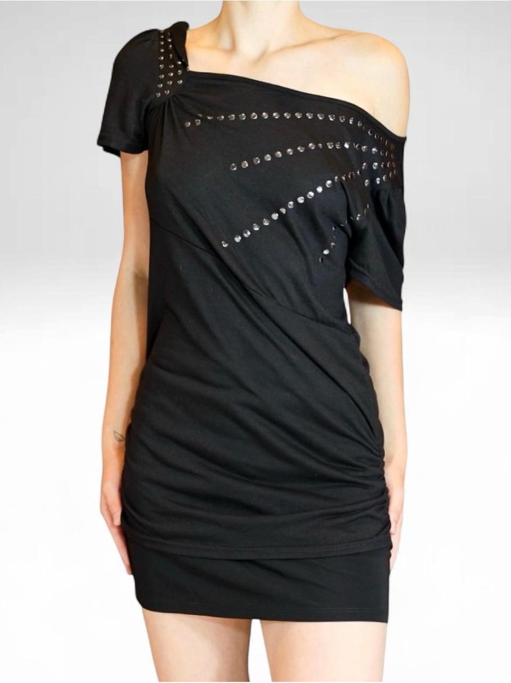 Roman Fashion Black Studded One Shoulder Y2K Ruched Top Size L